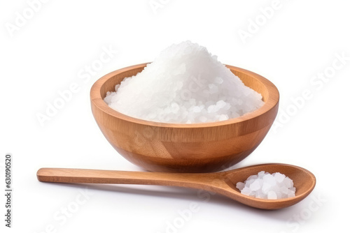 Salt in wooden bowl , Pure natural sea salt , isolated on white background , Created with Generative Ai