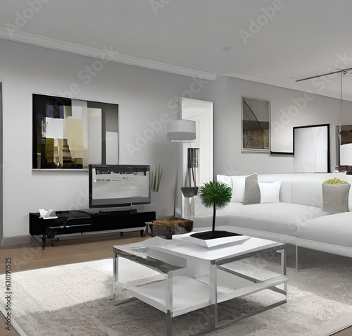 living room with a couch, a television and wall and lamp and table and charis and plant