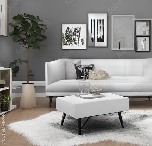 living room with a couch, a television and wall and lamp and table and charis and plant