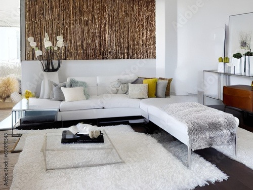 living room with a couch, a television and wall and lamp and table and charis and plant