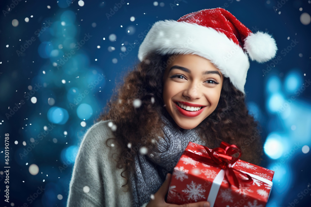 Happy young woman with a box with a Christmas present on a blue snowy background. Vivid emotions. New Year.