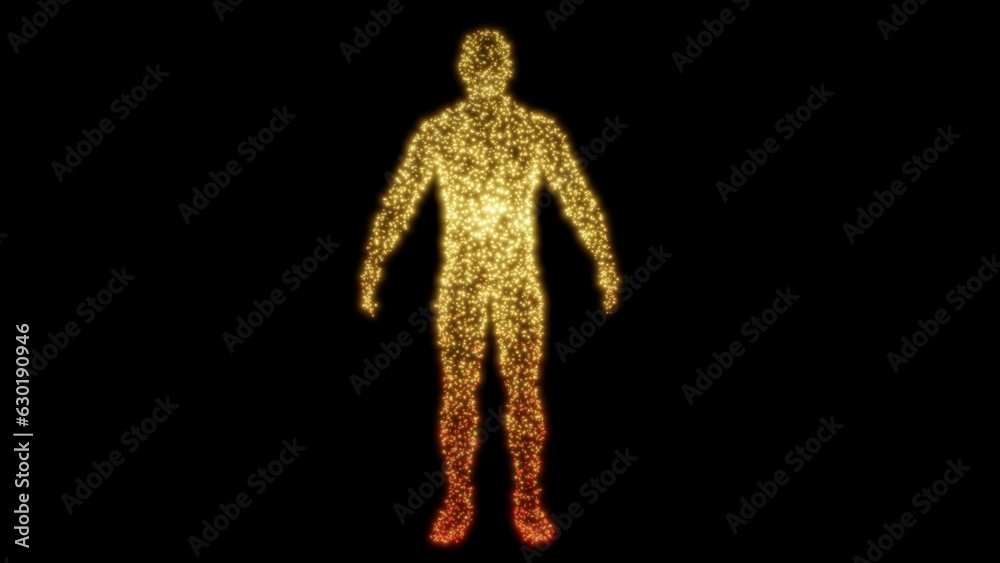 Human body made of glowing yellow points, dots. Microbiome bacteria, viruses, microbes on body. 3d render illustration. Human body made of glowing yellow points, dots. Microbiome bacteria, viruses, microbes on body. 3d render illustration.