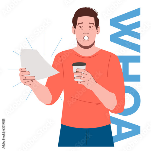 white man surprised expression reading news in flat illustration