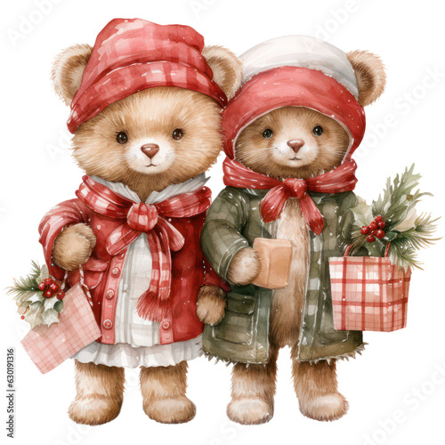 Watercolor Cute Couple Bear. Christmas Theme Illustration. Cute Bear Wearing a Santa Hat and Santa Plaid Motifs Costume.