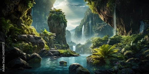 Dense Jungle Surroundings of Stunning Asian Waterfall