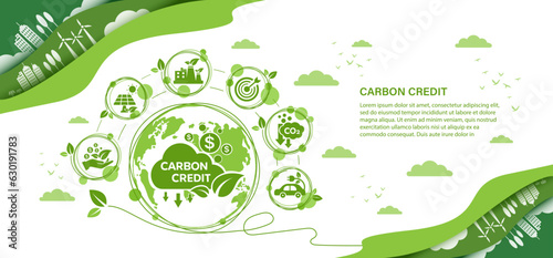 The concept of carbon credit with icons. Tradable certificate to drive industry and company to the direction of low emissions and carbon offset solution. Green vector illustration template.