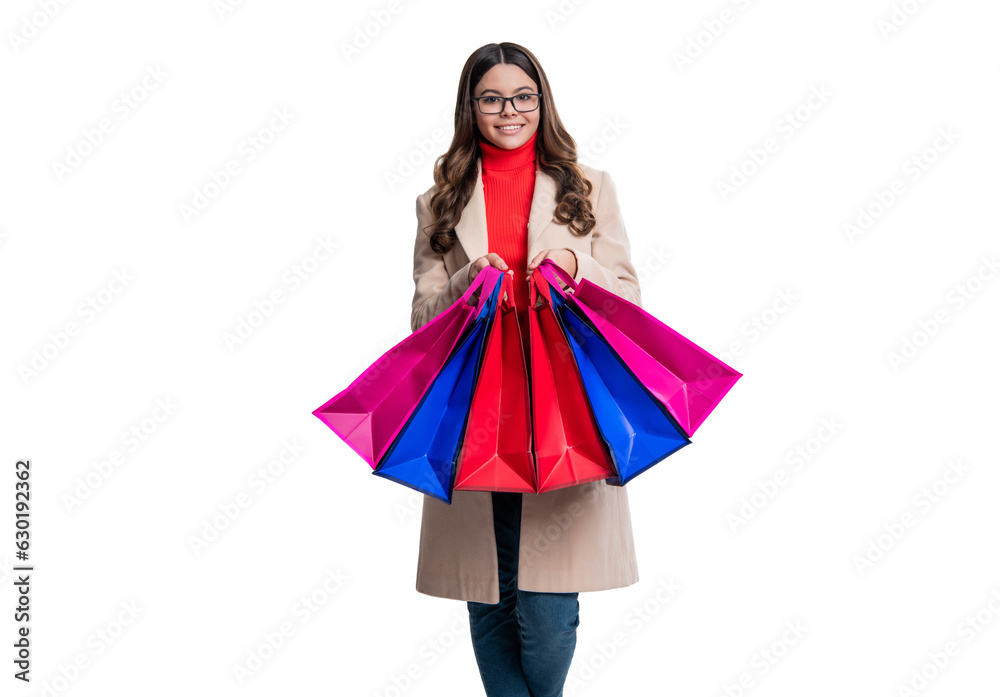 shopping time for girl. Trends and brands. teen girl go shopping with bags. shopaholic at discounts and sales. Happy girl with shopping bags. Trend teen look, autumn outfit fashion