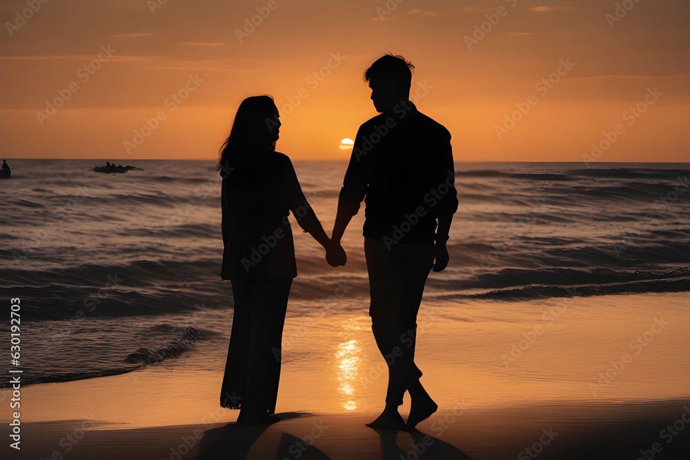 Sunset Silhouette of Couple on the Beach. Generative AI