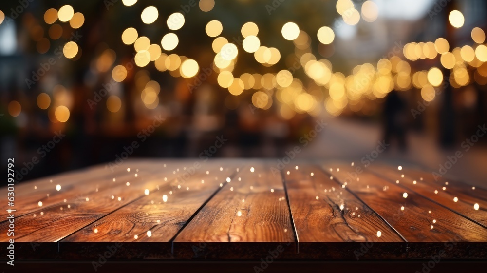 Empty brown wooden tables and bokeh lights blurred outdoor cafe  abstract background of restaurant lighting where people enjoy eating can be used for montages or to display your products.