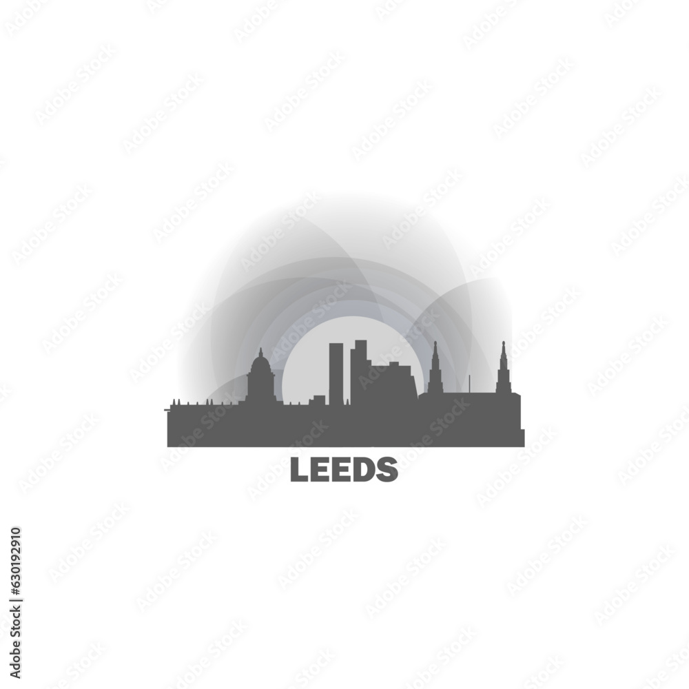 UK England Leeds cityscape skyline capital city panorama vector flat modern logo icon. United Kingdom West Yorkshire emblem idea with landmarks and building silhouettes at sunrise sunset