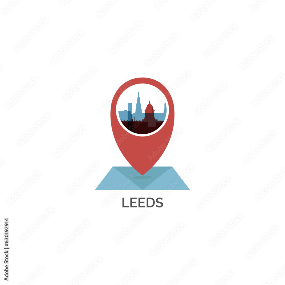 UK England Leeds map pin point geolocation modern skyline shape pointer vector logo icon isolated illustration. United Kingdom West Yorkshire web emblem idea with landmarks and building silhouettes UK England Leeds map pin point geolocation modern skyline shape pointer vector logo icon isolated illustration. United Kingdom West Yorkshire web emblem idea with landmarks and building silhouettes