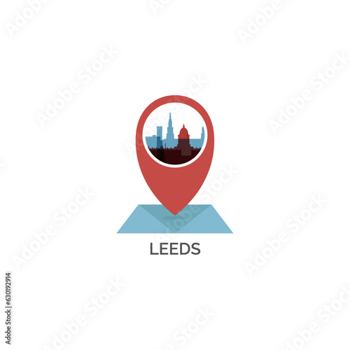 UK England Leeds map pin point geolocation modern skyline shape pointer vector logo icon isolated illustration. United Kingdom West Yorkshire web emblem idea with landmarks and building silhouettes © Anastasiia