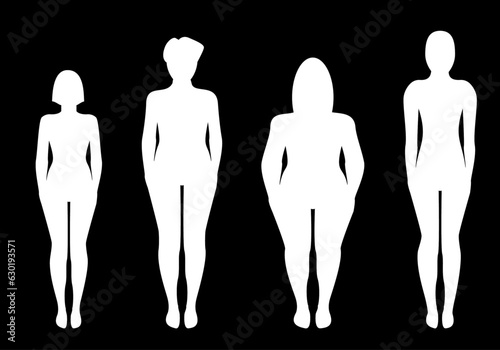 Hoja de iconos de siluetas de mujeres de diferente complexión en blanco sobre fondo negro