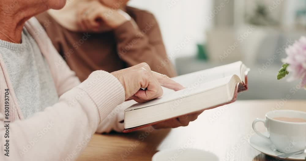 Hands, elderly woman and bible study in home, prayer group or women listening together to wisdom of God or Jesus Christ. Person, reading and learning about religion, faith or studying holy book