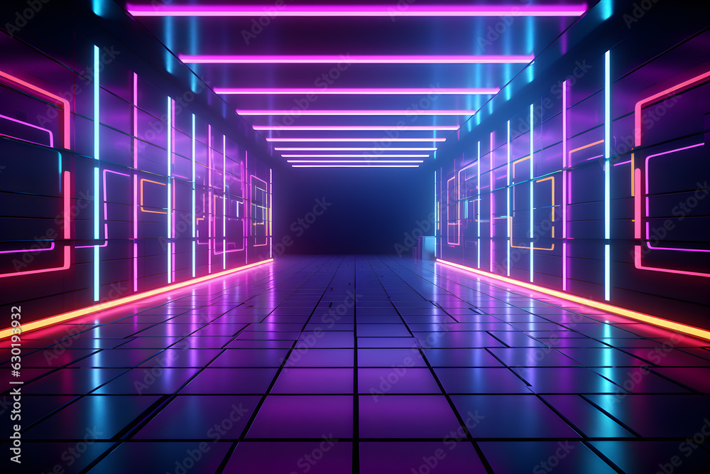 dark room with neon lights futuristic retro, Empty background scene. Dark street reflection Rays neon light in the dark, neon figures abstract spotlight, AI generate dark room with neon lights futuristic retro, Empty background scene. Dark street reflection Rays neon light in the dark, neon figures abstract spotlight, AI generate
