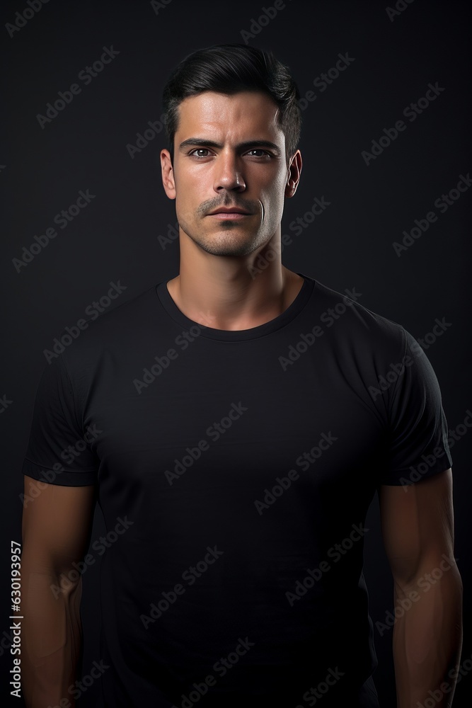Man in black tshirt isolated on black background.