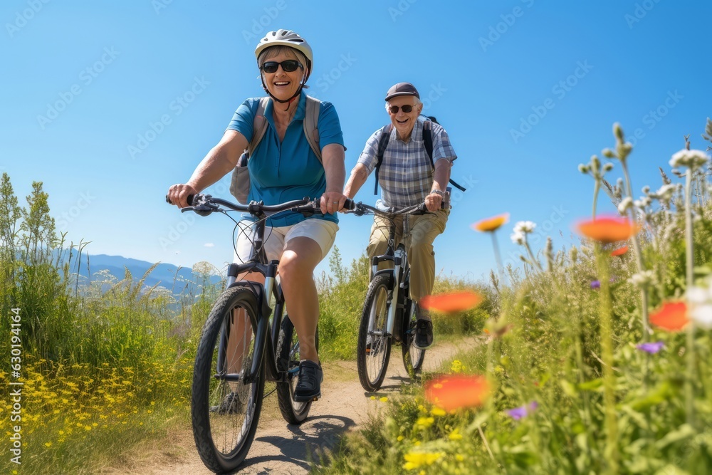 Fototapeta premium Happy older couple explores nature by bike on sunny day.
