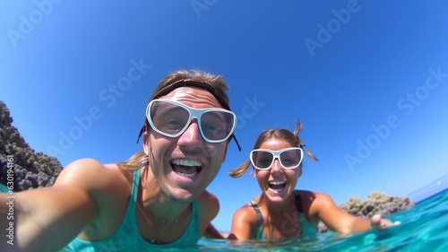 happy couple snorkeling in a wonderful coral reef.