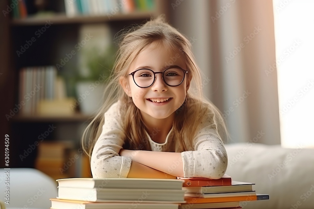 portrait of a happy child little girl with glasses sitting on a stack of books and reading a books. portrait of a happy child little girl with glasses sitting on a stack of books and reading a books.