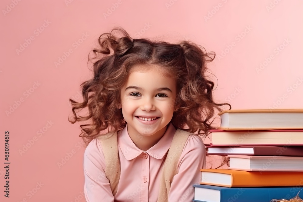 portrait of a happy child little girl with glasses sitting on a stack of books and reading a books, light pink background. portrait of a happy child little girl with glasses sitting on a stack of books and reading a books, light pink background.