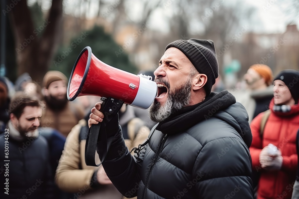 portrait of a man shouts into a megaphone during a protest.