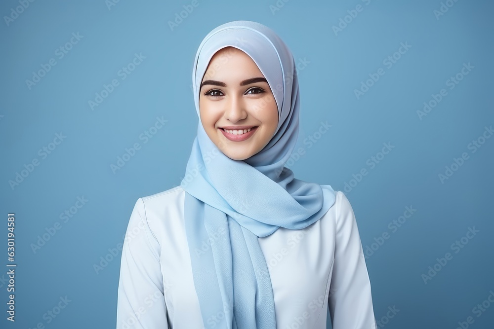 Portrait of smiling beautiful muslim business woman, light blue background. Portrait of smiling beautiful muslim business woman, light blue background.