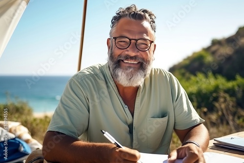 Vászonkép Portrait of pretty senior man in white casuals writing journal besides tent in forest