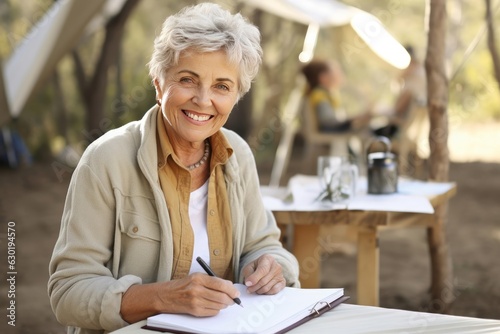 Portrait of pretty senior woman in white casuals writing journal besides tent in forest.