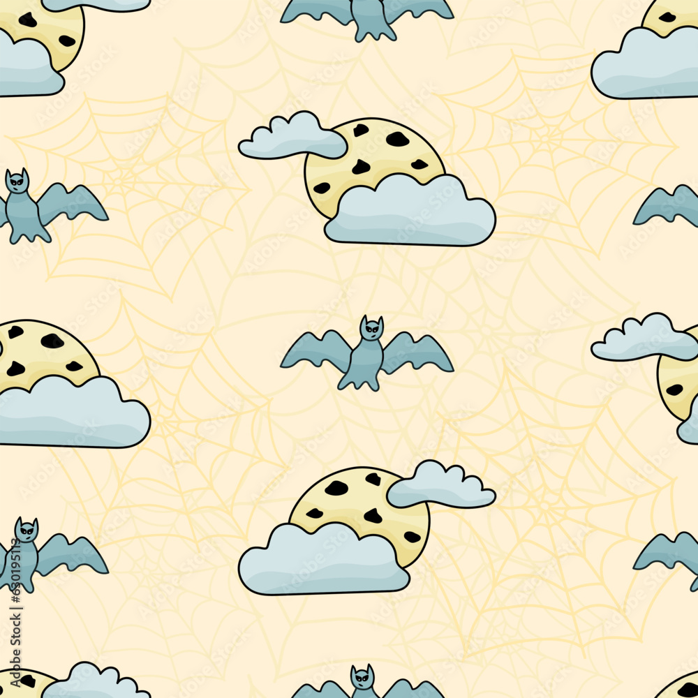 Naklejka premium Colorful seamless pattern with hand drawn doodle cute Halloween character and objects - cartoon bat, moon with clouds and spider web