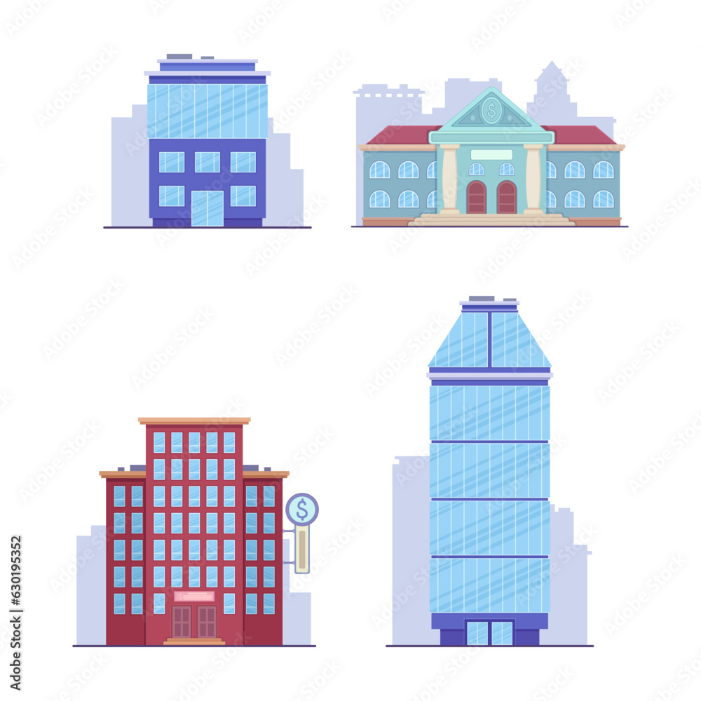 Modern office or bank buildings vector illustrations set. Collection of cartoon drawings of financial institutions. Banking, finances, business, architecture, public sector concept Modern office or bank buildings vector illustrations set. Collection of cartoon drawings of financial institutions. Banking, finances, business, architecture, public sector concept