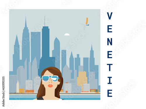 Square flat design tourism poster with a cityscape illustration of Venetie (United States)