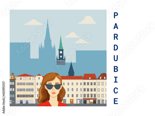 Square flat design tourism poster with a cityscape illustration of Pardubice (Czech Republic)