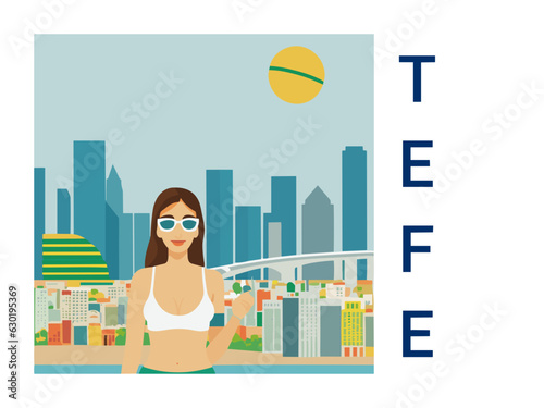Square flat design tourism poster with a cityscape illustration of Tefe (Brazil)