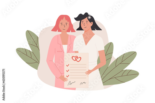 A cute female couple holding signed marriage certificate. Married lesbian women with prenup document. Newlywed LGBTQ brides or wifes. Romantic same sex marriage of love partners. Vector illustration. photo