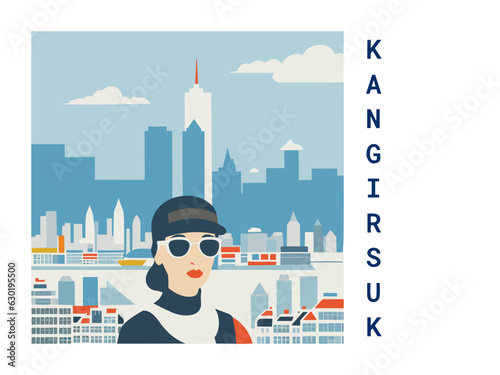 Square flat design tourism poster with a cityscape illustration of Kangirsuk (Canada)