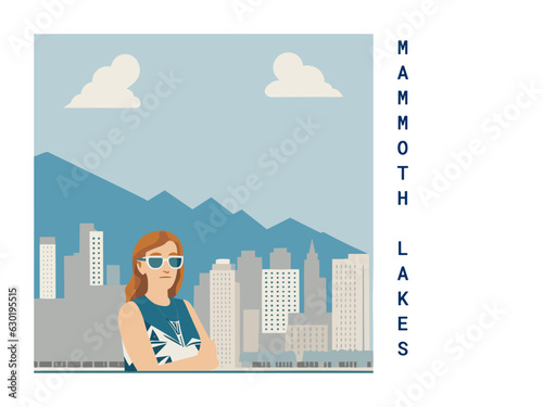Square flat design tourism poster with a cityscape illustration of Mammoth Lakes (United States)
