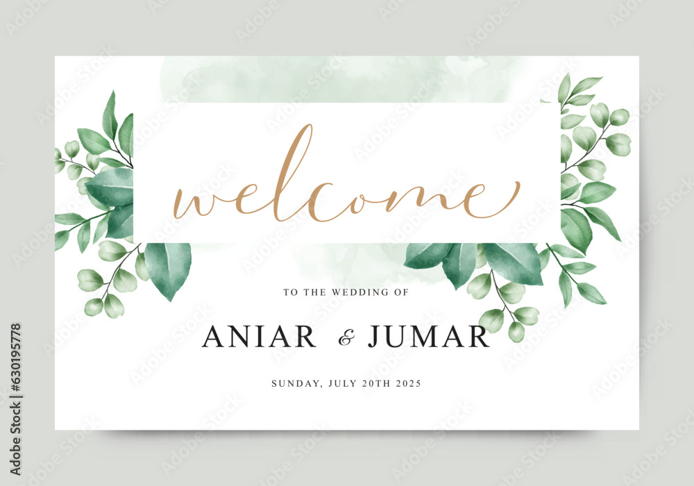 Wedding welcome sign card with beautiful green leaves