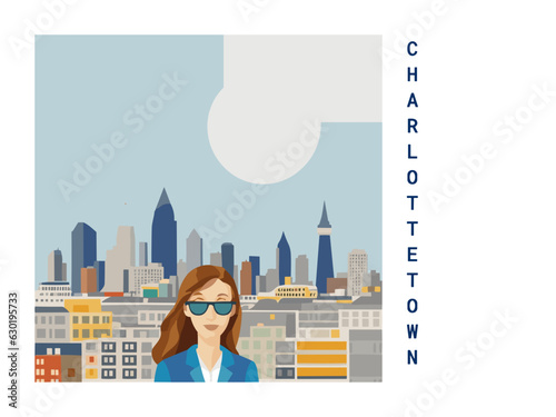 Square flat design tourism poster with a cityscape illustration of Charlottetown (Canada)