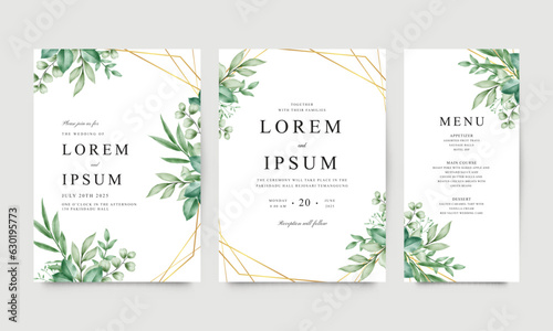 Set of wedding invitation card templates with golden geometric frames and leaves