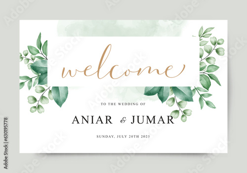 Wedding welcome sign card with beautiful green leaves