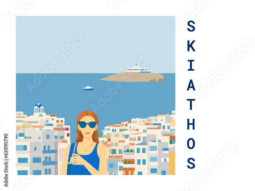 Square flat design tourism poster with a cityscape illustration of Skiathos (Greece)