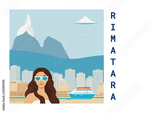 Square flat design tourism poster with a cityscape illustration of Rimatara (French Polynesia) photo