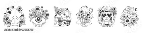 Retro tattoo. Psychedelic art with flowers, eye, mushrooms, girl hippie, peace symbol, roller skate. Groovy black line tattoo stickers. Hippy woman with glasses, cactus, rollerskate. Vector doodle set