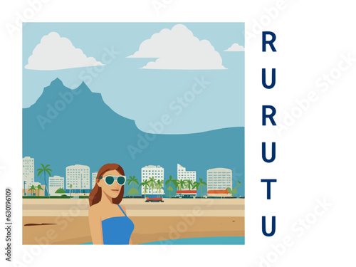 Square flat design tourism poster with a cityscape illustration of Rurutu (French Polynesia) photo