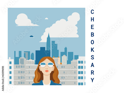 Square flat design tourism poster with a cityscape illustration of Cheboksary (Russia)