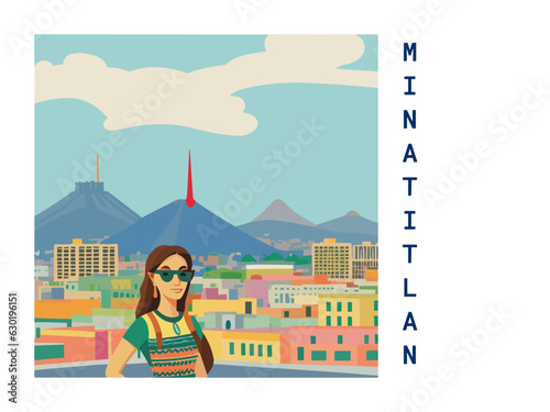 Square flat design tourism poster with a cityscape illustration of Minatitlan (Mexico)