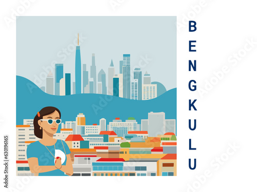 Square flat design tourism poster with a cityscape illustration of Bengkulu (Indonesia)