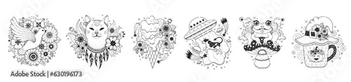 Retro tattoo. Hippie psychedelic tattoo art with flowers, frog on mushroom, cat hippy, dove peace symbol, UFO, Halooween tea cup. Groovy black line tattoo stickers. Vector doodle emoji set. Hippy art