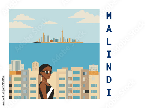 Square flat design tourism poster with a cityscape illustration of Malindi (Kenya)