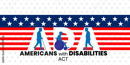 ADA, Americans with Disabilities Act. civil rights law that prohibits discrimination based on disability, vector illustration